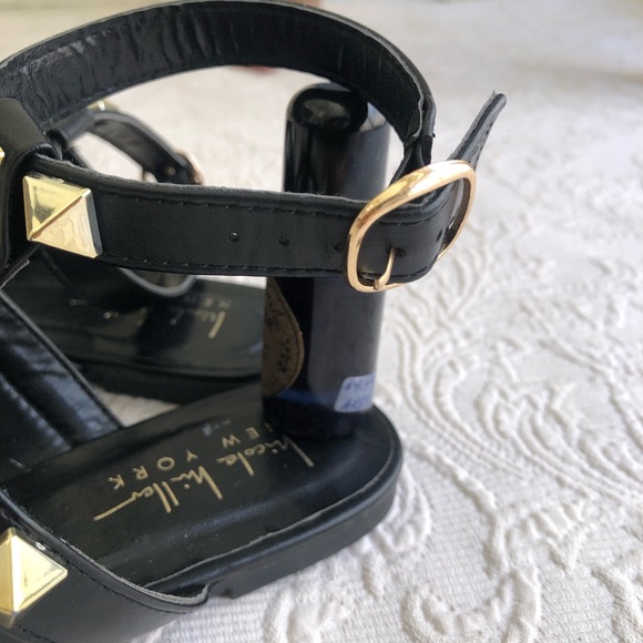 Nicole Miller Black Tulum Gold Studded Ankle Strap Pointed Flat Loafers - Picture 3 of 6